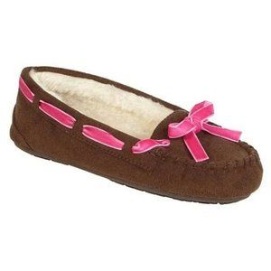 NWT Expressions Girls Moccasin Slippers Faux Suede Brown/Pink 11-12, 2-3…